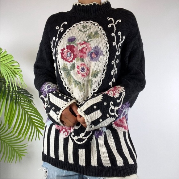 Women's Vintage Boaz Black Cottagecore Floral Oversized Knit Grandma Sweater / L - Picture 5 of 10